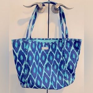 Stella & Dot Turquoise Blue Ikat Canvas Vinyl Lined Shopper Tote Beach Bag